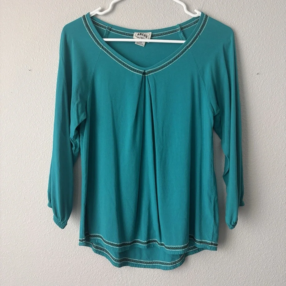 Ariat Women's Turquoise Pleated V Neck 3/4 Length Top Size Small‎ Rodeo Western